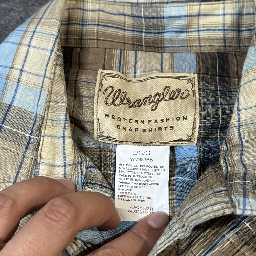 Wrangler Western Shirt Mens Large Brown Plaid Pearl Snap Short Sleeve Cowboy Top - Picture 3 of 6